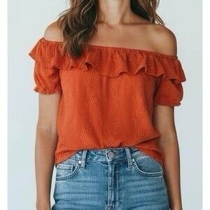 Mason Belle size M orange cropped eyelet emboidered cropped off shoulder blouse